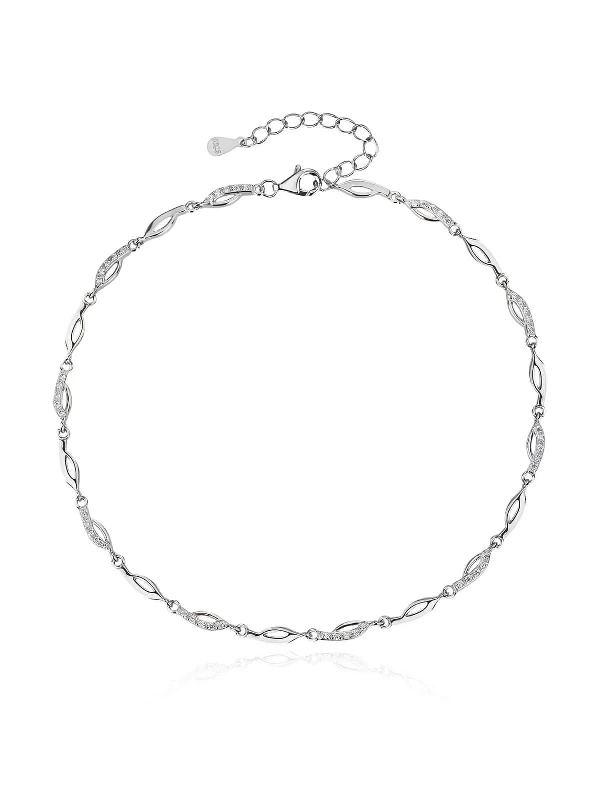Navett hullám mintás cirkónia köves bokalánc, AG 925 ródiumozott ezüst (23,5 + 4,5 cm) 1