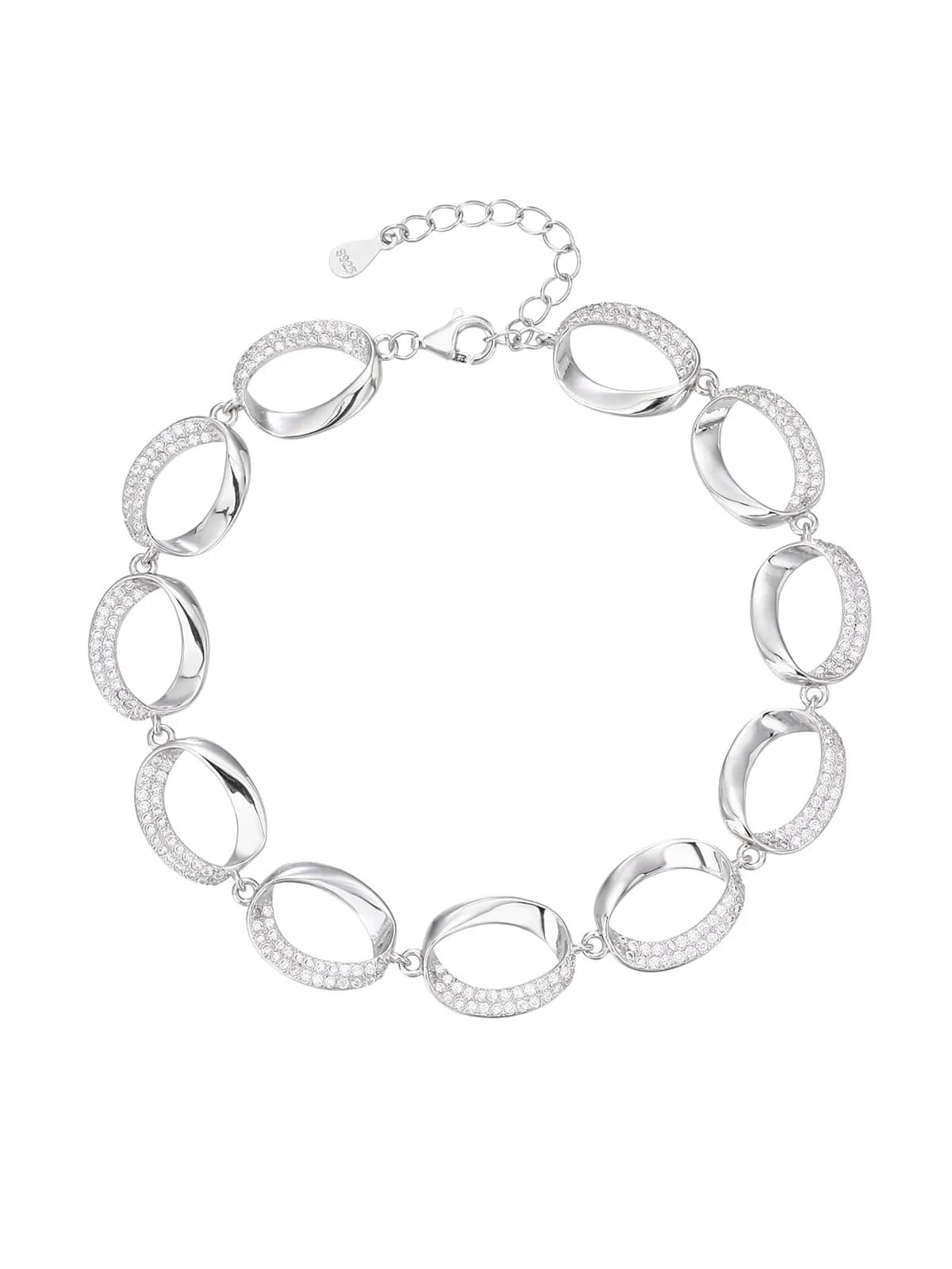 Silver bracelet with oval shaped eyes and zirconia decoration 1