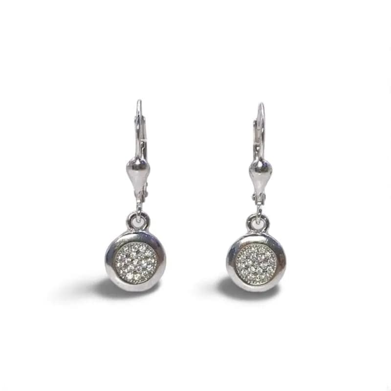 White stone round silver micro setting dangle earrings 1