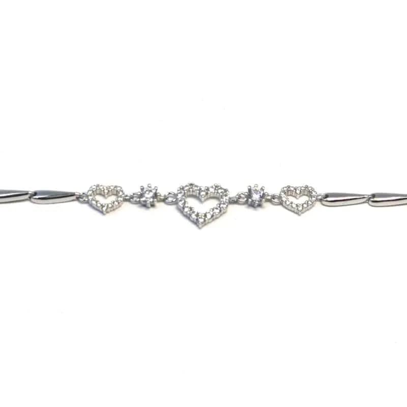 Silbernes Armband mit weißen Steinen und 3 Herzen 1