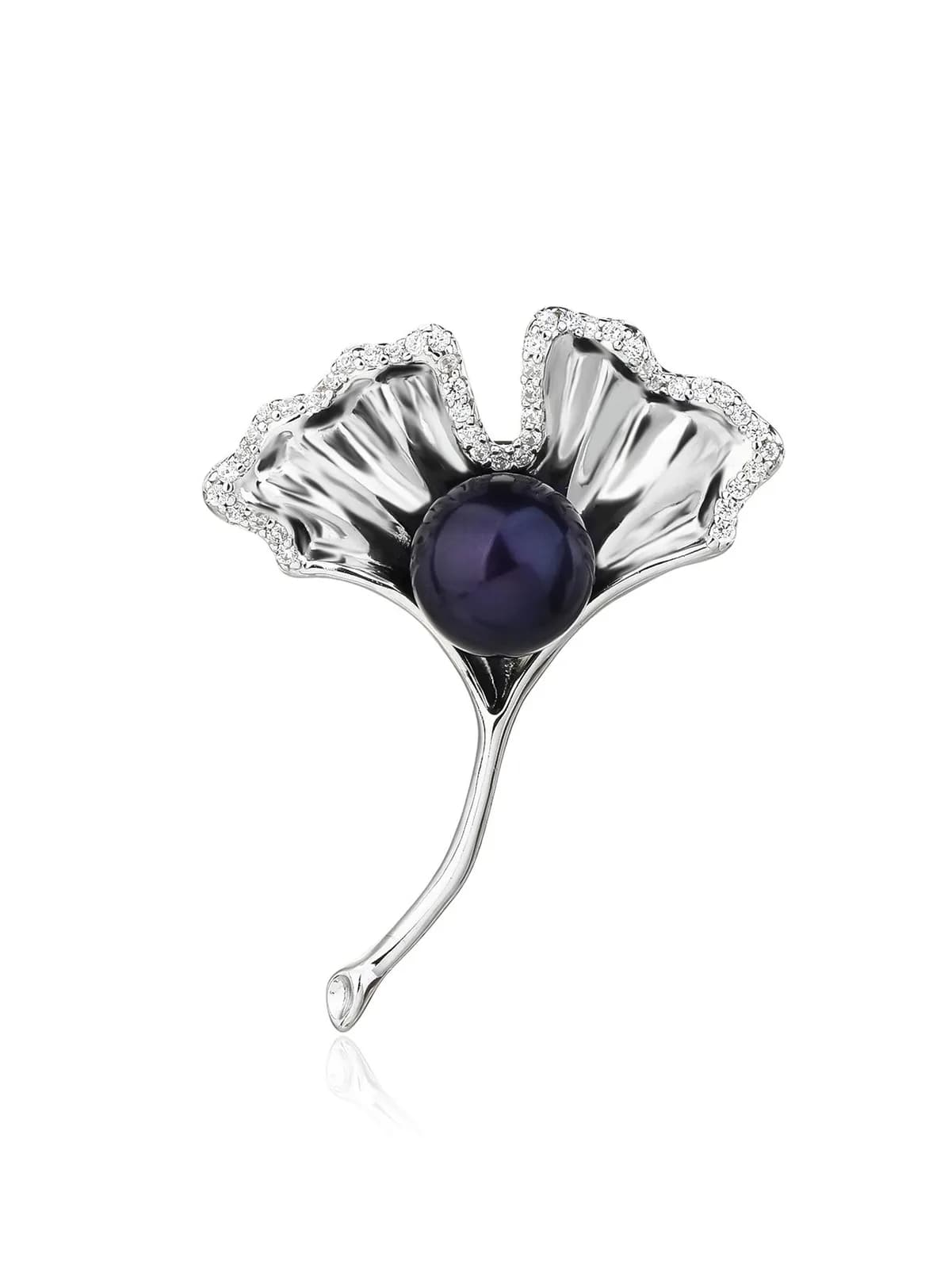 GinkoBiloba bross fekete édesvizi tenyésztett gyönggyel és fehér kövekkel, AG 925 ródiumozott ezüst (3,4 × 2,5 cm) 1