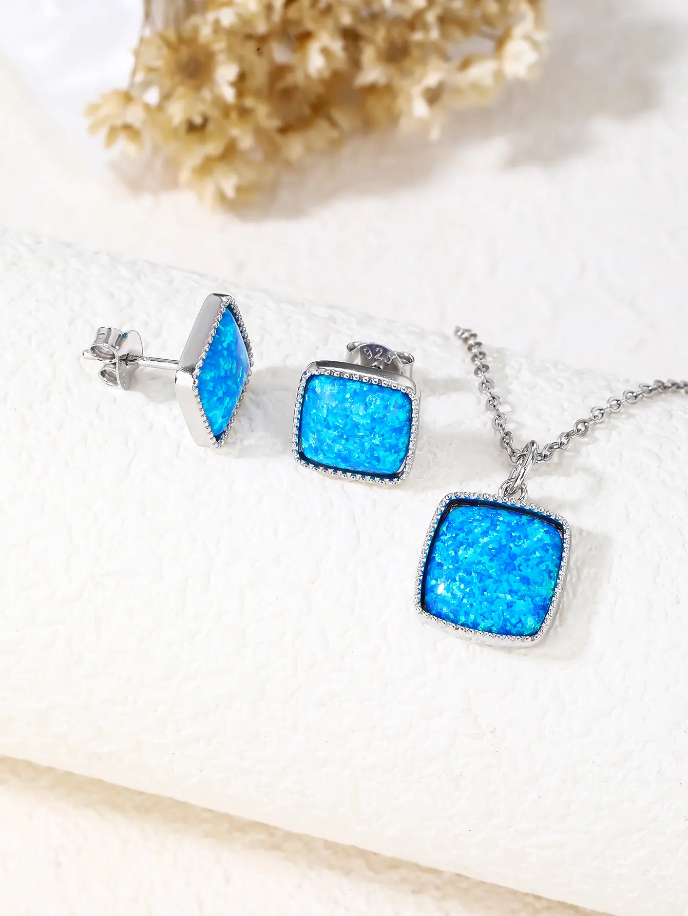 Sterling Silver Synthetic Opal Jewelry Set - Square Solitaire Necklace & Stud Earrings Gift Set - View #9