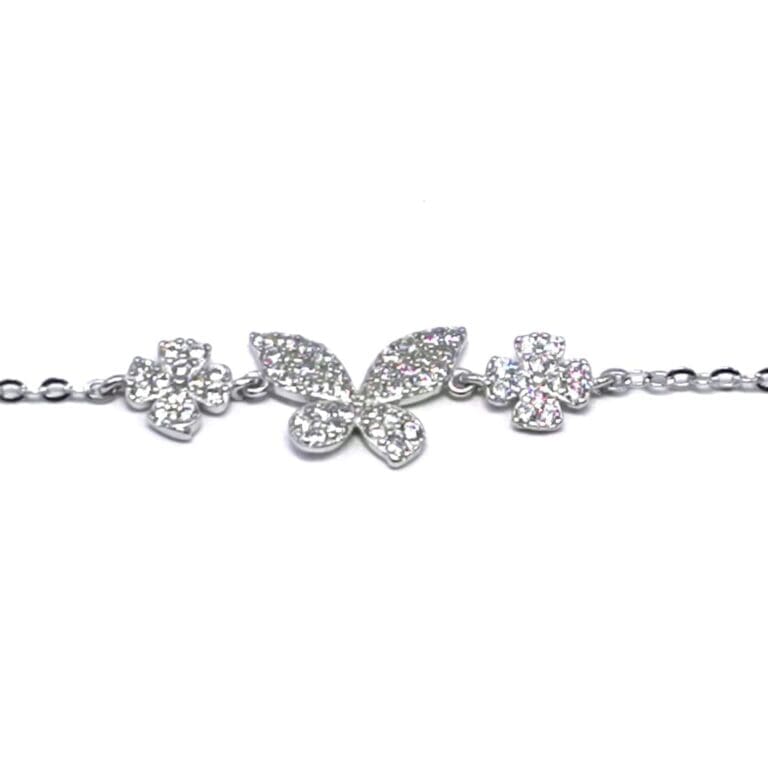 Silver white stone butterfly bracelet with small flower