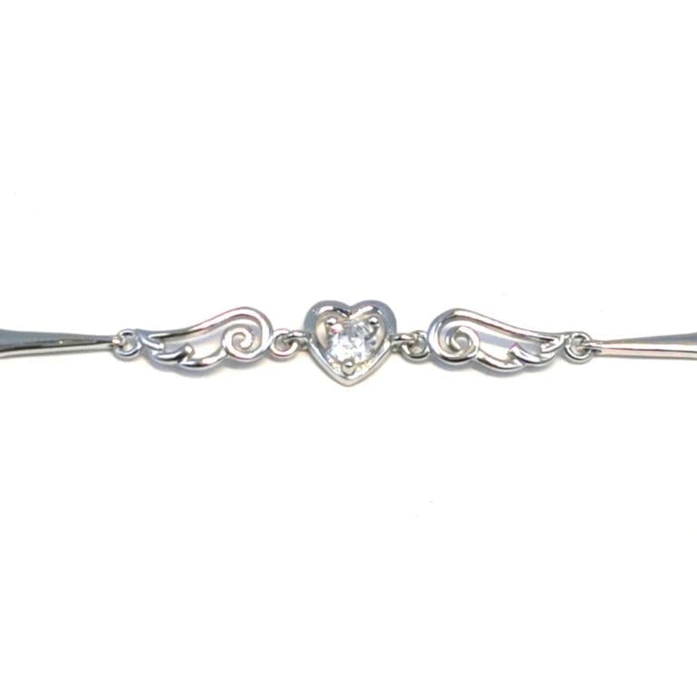 Silver white stone heart bracelet with angel wings