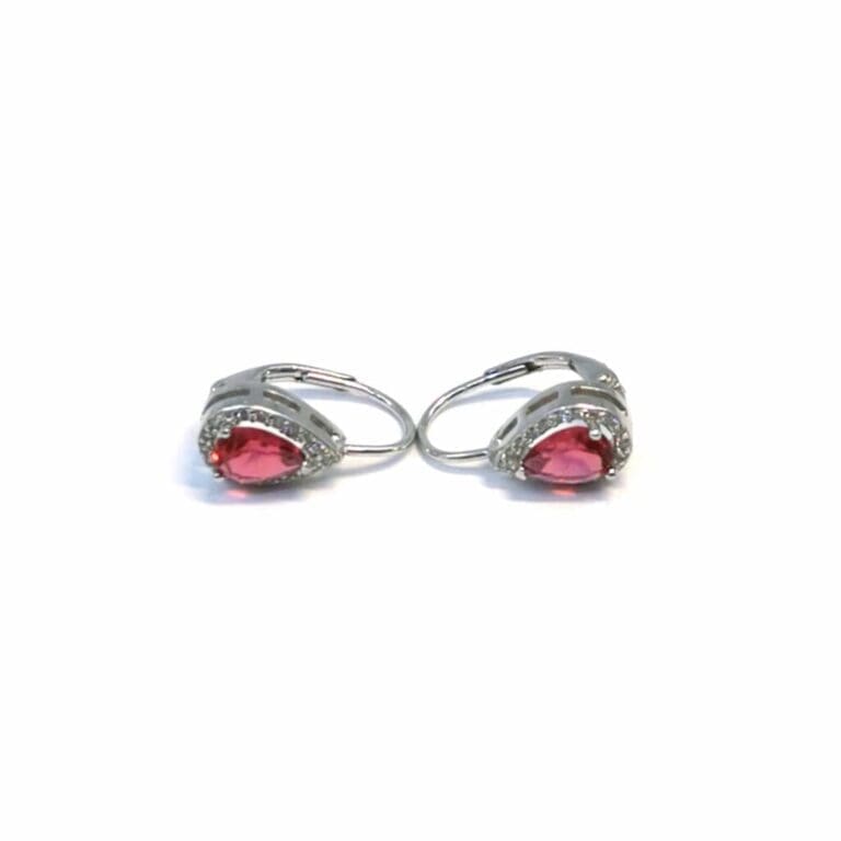 Silver white-red drop shaped stone earrings with patent closure