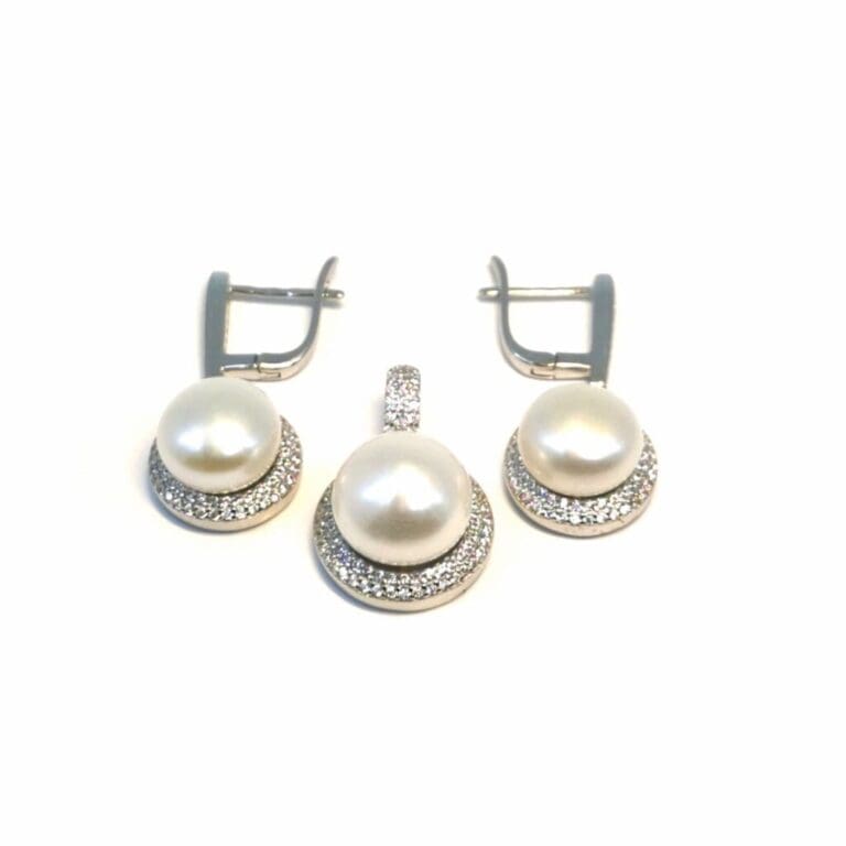 White stone beaded silver fringe earrings with pendant