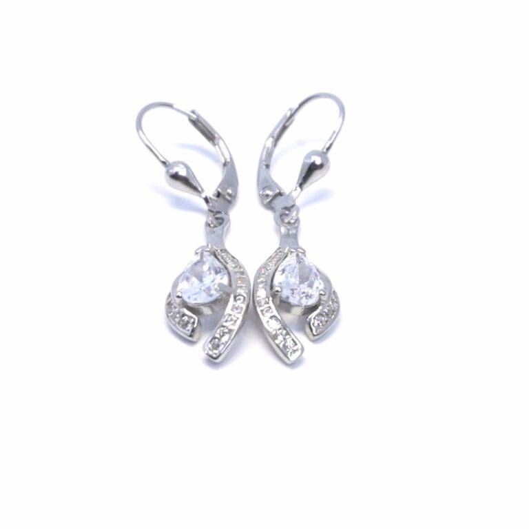 Silver white stone drop shaped dangle earrings /patent lock/