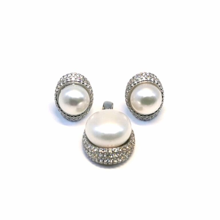 White stone oval beaded silver stud earrings with pendant