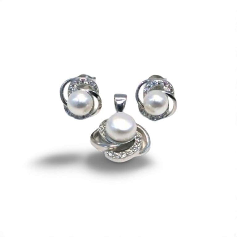 Pearl silver stud earrings and pendant with white stone