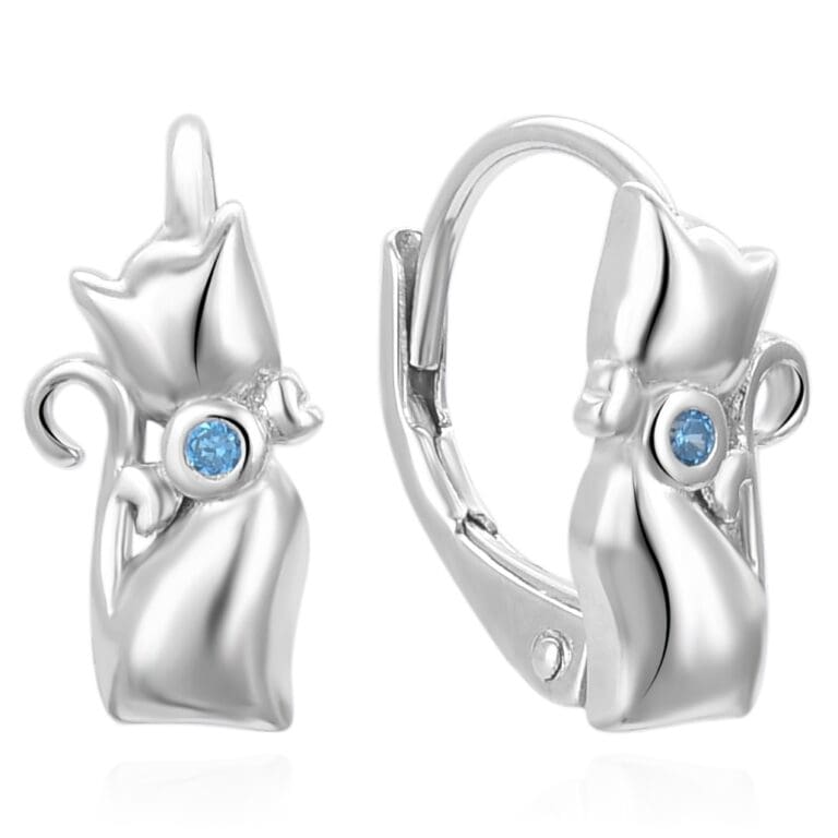 Silver kitten earrings with blue stone and patent clasp