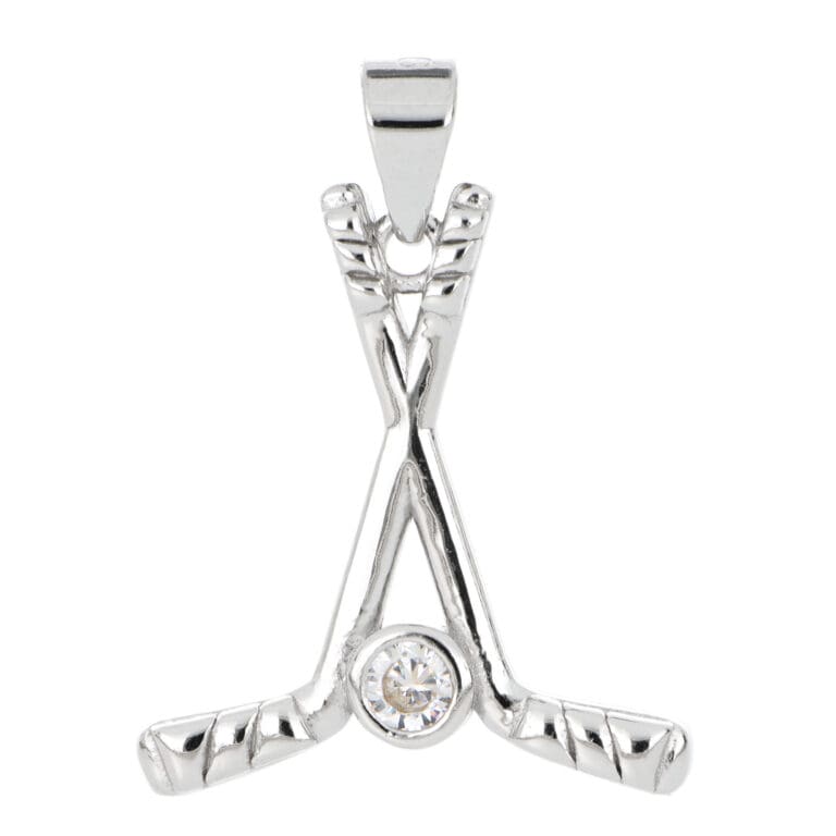 Silver hockey stick pendant with white stone