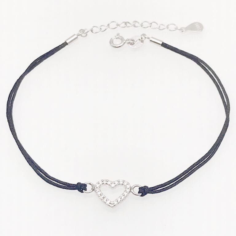 Black cotton with white stones silver heart ankle chain 23cm+3cm extender