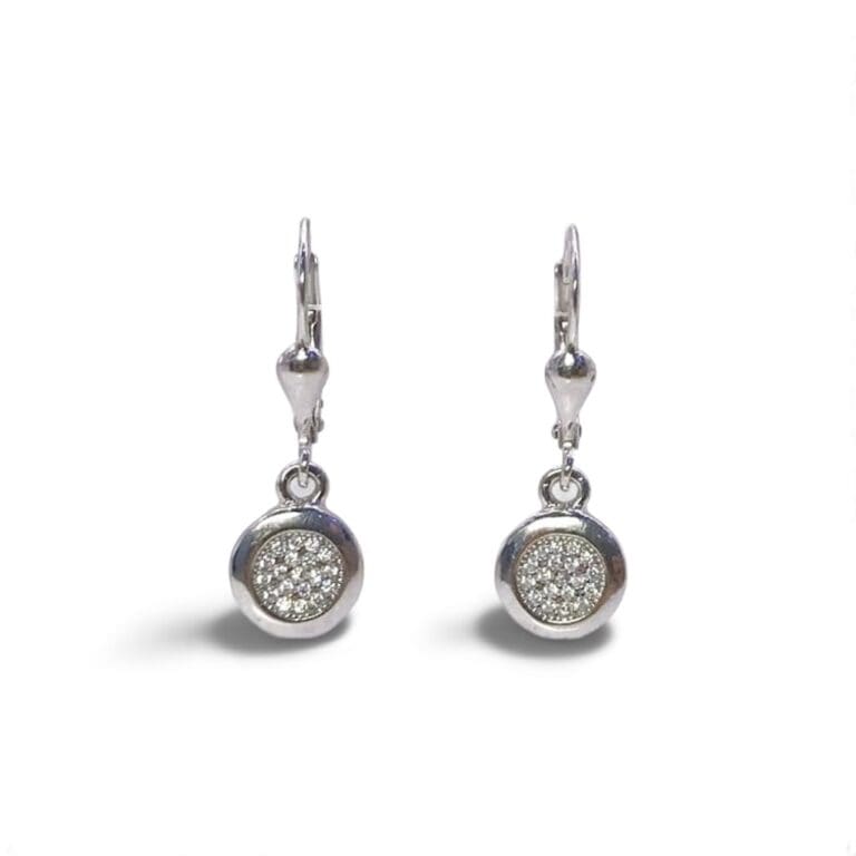 White stone round silver micro setting dangle earrings