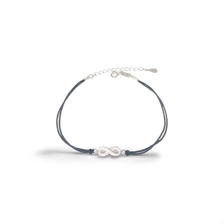 Black cotton anklet with silver infinity sign 23cm+3cm extender