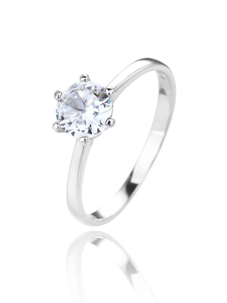 Silver engagement solitaire ring with white cubic zirconia stone