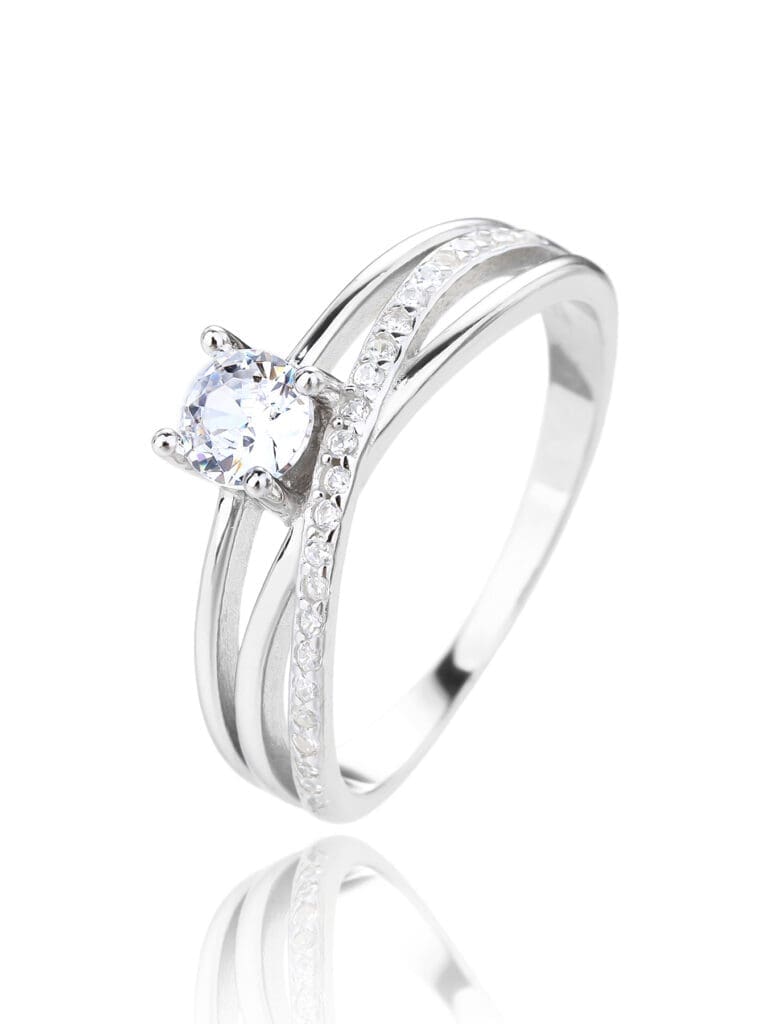 Silver engagement ring with white cubic zirconia stones