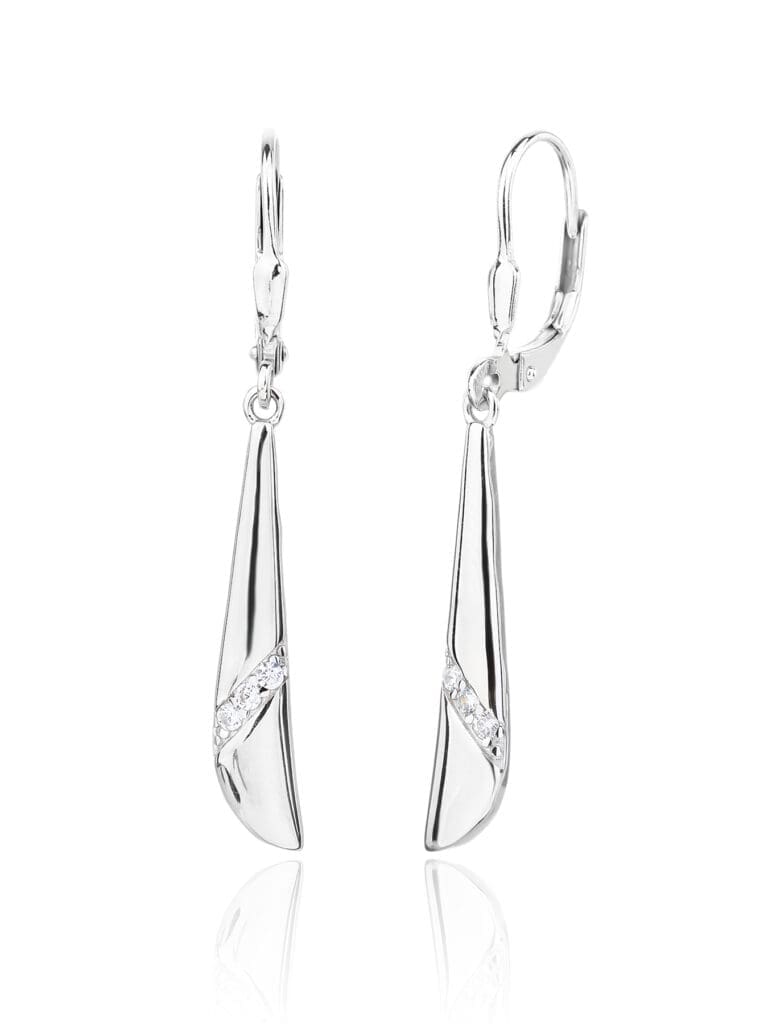 Silver elongated curved cubic zirconia stone earrings with patent closure