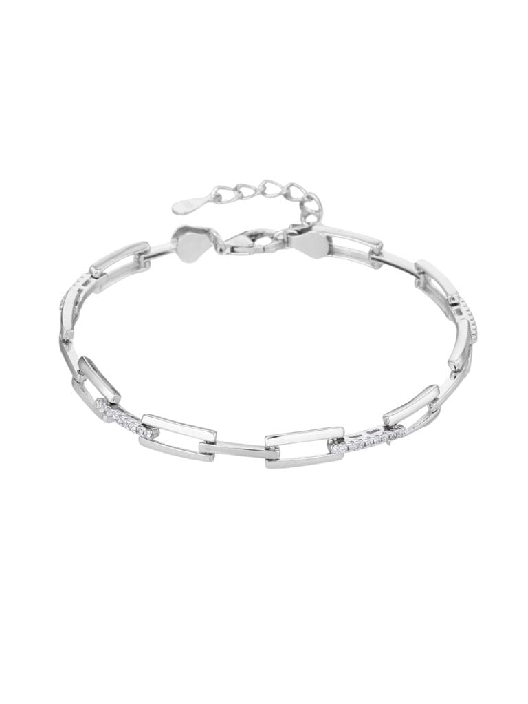 Ezüst karkötő téglalap láncszemekkel és cirkónia kövekkel (17+4 cm)