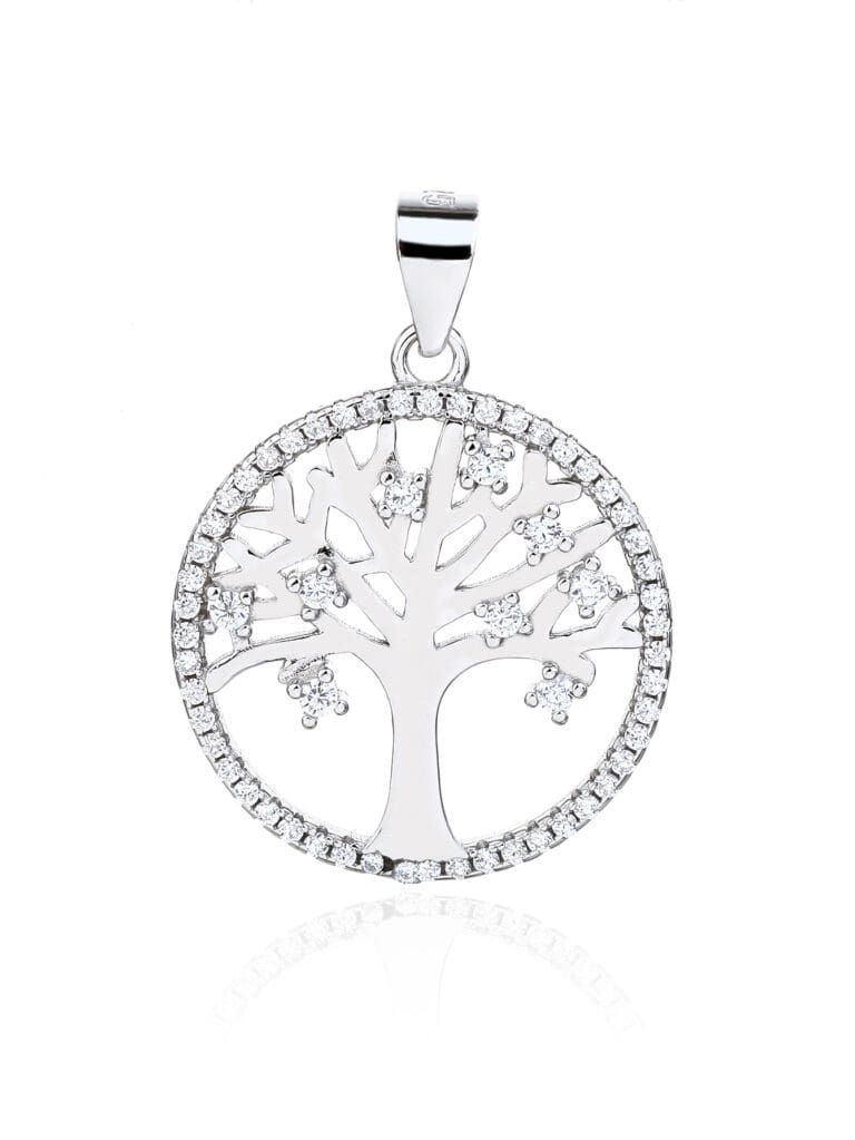 Silver zirconia stone tree of life pendant with rhodium plating - without chain