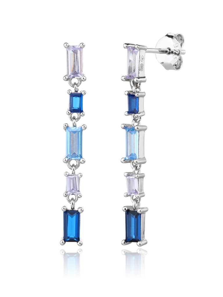Színes baguette köves lógós stekkeres fülbevaló, AG 925 ródiumozott ezüst (3,2 × 0,3 cm)