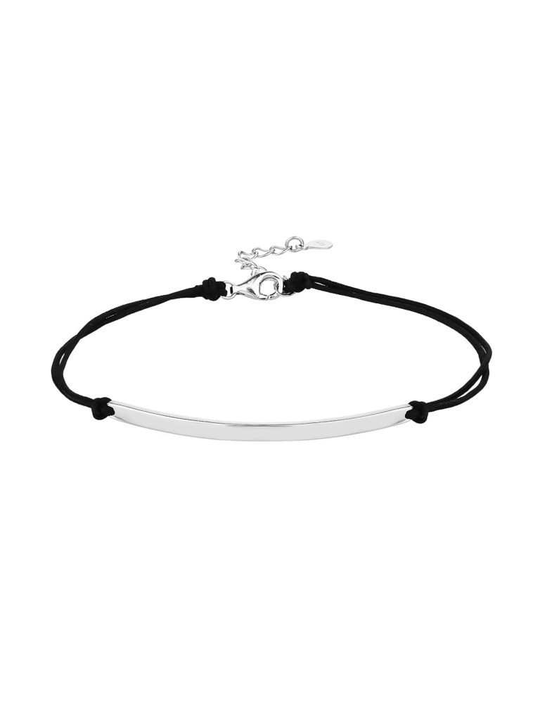 Ezüst gravírozható betéttel órakísérő karkötő fekete zsinórral, AG 925 ródiumozott ezüst (17,5+4 cm)