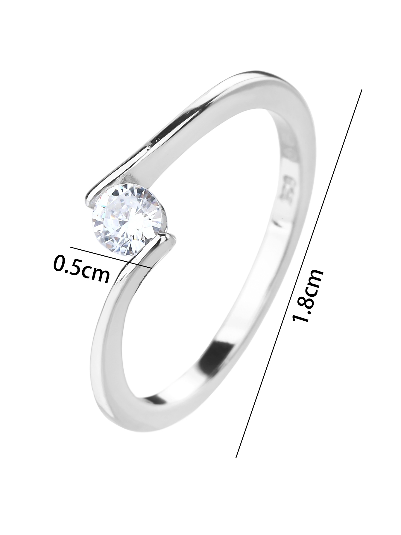 Solitärring mit weißem Zirkonia aus 925er Silber mit Rhodiumbeschichtung, 1,9 g