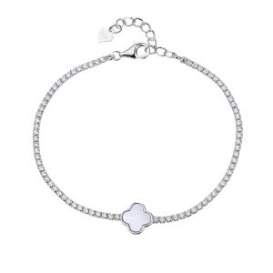 AG 925 silver four-leaf clover tennis bracelet with natural mother-of-pearl and rhodium plating