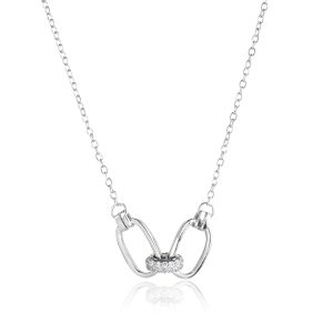 Silver necklace with double rings and cubic zirconia, rhodium-plated