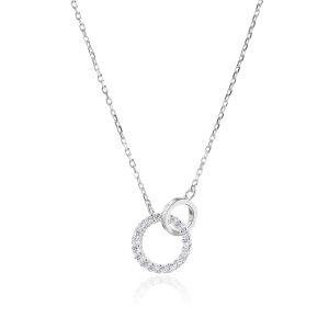 Silver necklace with double rings and cubic zirconia, rhodium-plated