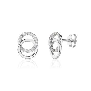 Silver clip-on earrings with a double-circle zirconia motif, rhodium-plated