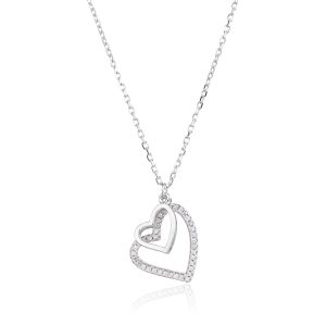 Silver necklace with a double-heart motif and cubic zirconia, rhodium-plated
