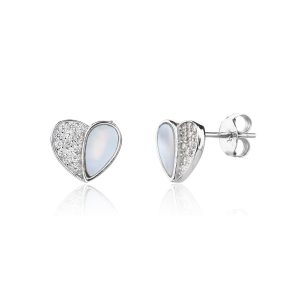 Silver half-heart earrings with mother-of-pearl inlays and stud backs, rhodium-plated