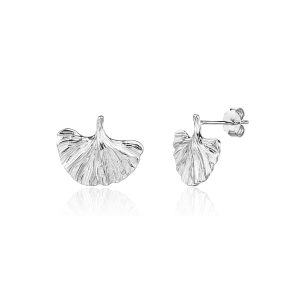 Silver ginkgo leaf stud earrings with rhodium plating