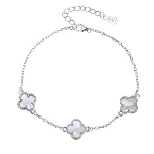 Silver bracelet with mother-of-pearl inlays featuring a four-leaf clover motif and three clovers, rhodium-plated
