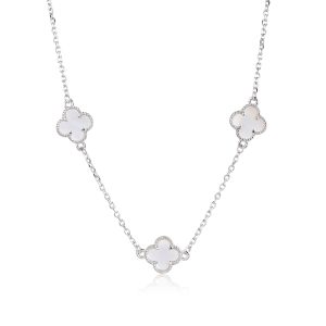 Silver necklace with three mother-of-pearl inlays and a four-leaf clover motif, rhodium-plated