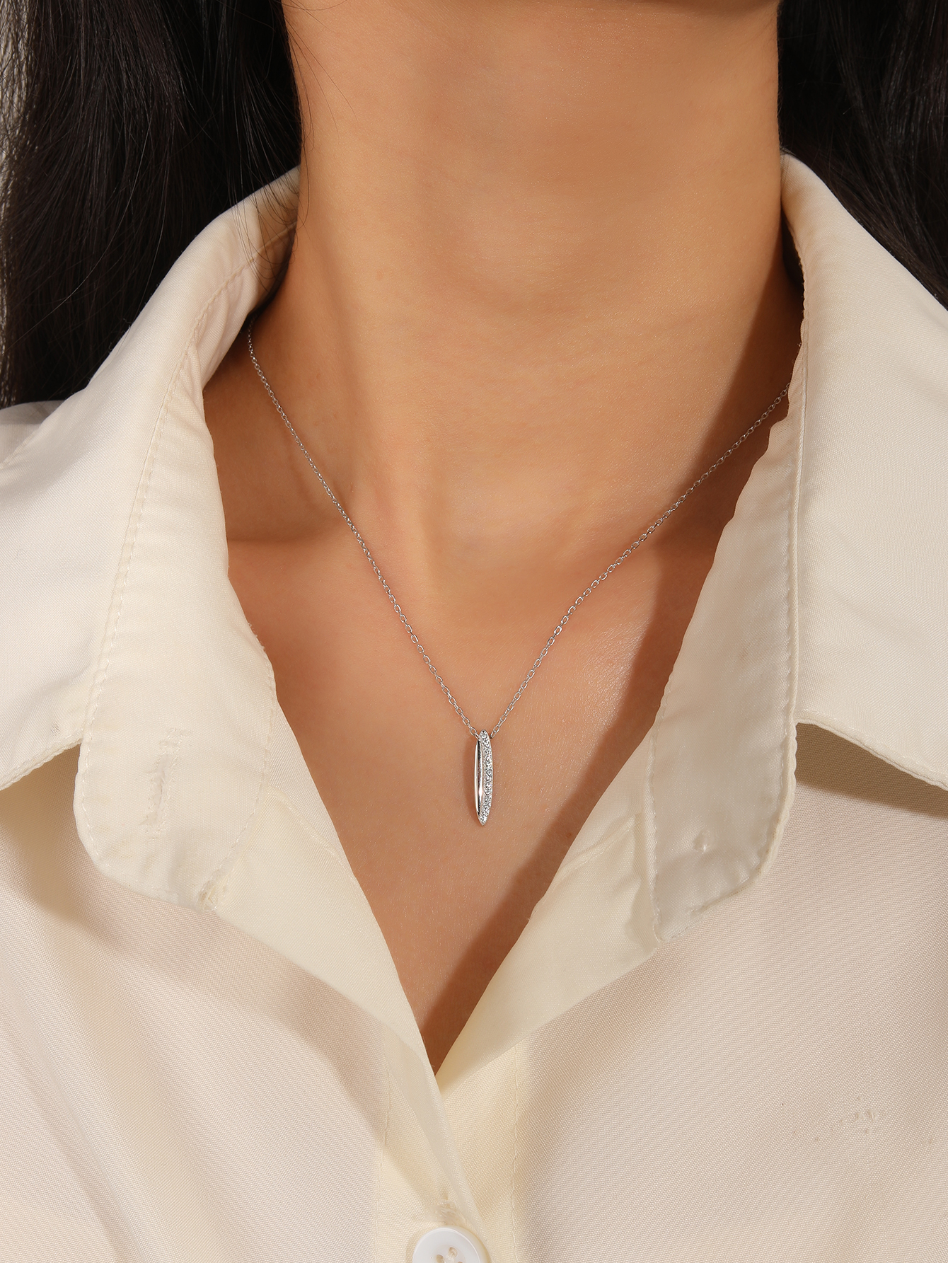 Silver, elongated zirconia pendant necklace with rhodium plating 5