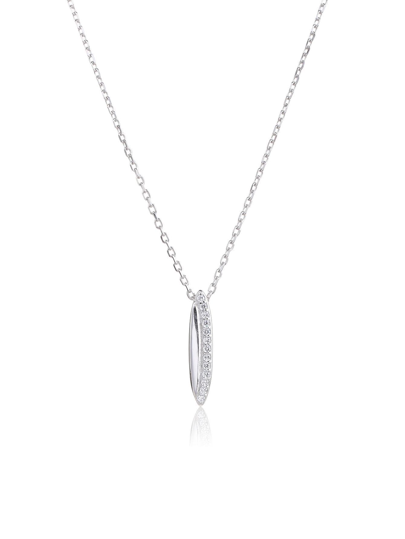 Silver, oblong zirconia pendant necklace with rhodium plating