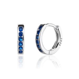 Silver hoop earrings with dark blue cubic zirconia, rhodium-plated