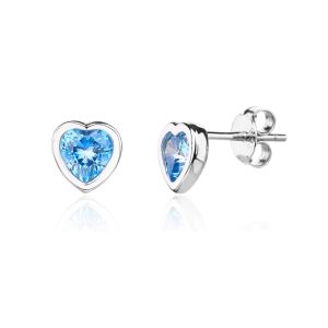 Silver heart-shaped earrings with light blue cubic zirconia stones and stud fasteners, rhodium-plated