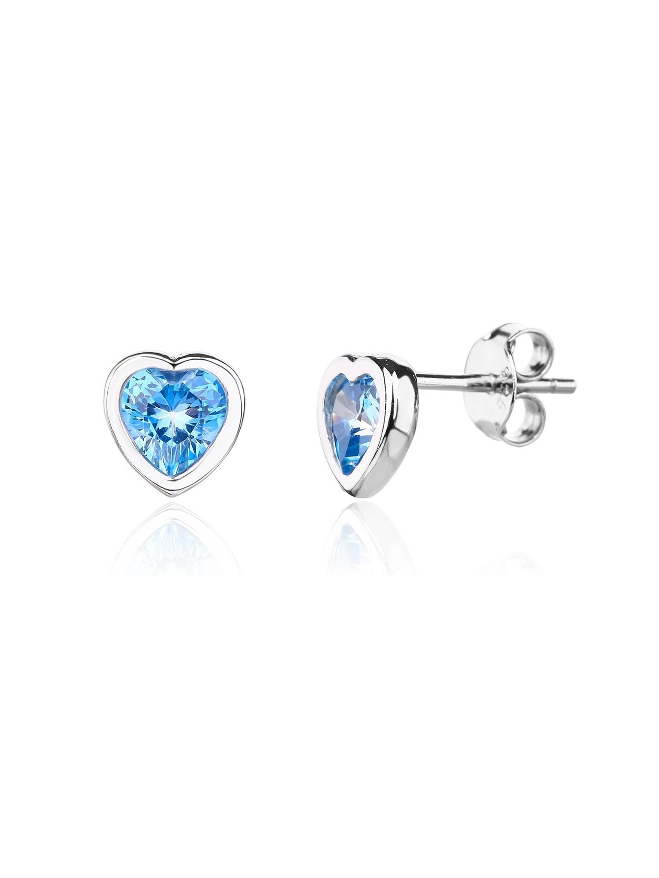 Silver-blue heart-shaped zirconia stud earrings with rhodium plating