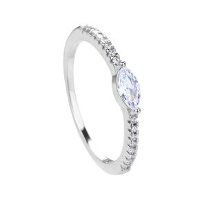 Silver navette-cut zirconia ring with a rhodium plating