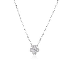 Silver necklace with a four-leaf clover motif set with cubic zirconia, rhodium-plated