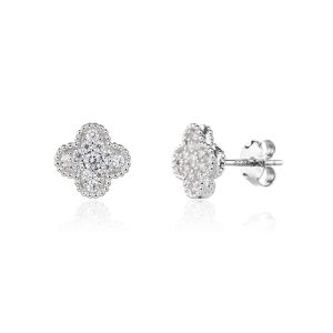 Silver stud earrings with a four-leaf clover motif set with cubic zirconia, rhodium-plated