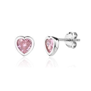 Silver and pink heart-shaped stud earrings with cubic zirconia, rhodium-plated