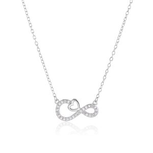 Silver necklace with zirconia stones in an infinity and heart design, rhodium-plated