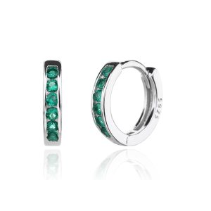 Silver hoop earrings with green zirconia, rhodium-plated