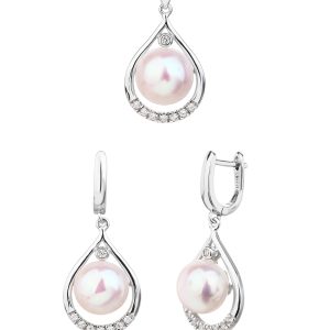 White cultured freshwater pearl jewelry set with cubic zirconia, made of rhodium-plated AG 925 silver